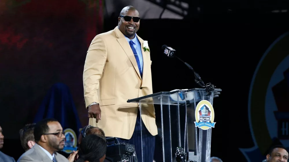 Former Dallas Cowboys offensive lineman Larry Allen gives his speech during the NFL Class of 2013 Enshrinement Ceremony at Fawcett Stadium on August 3^ 2013 in Canton^ Ohio.