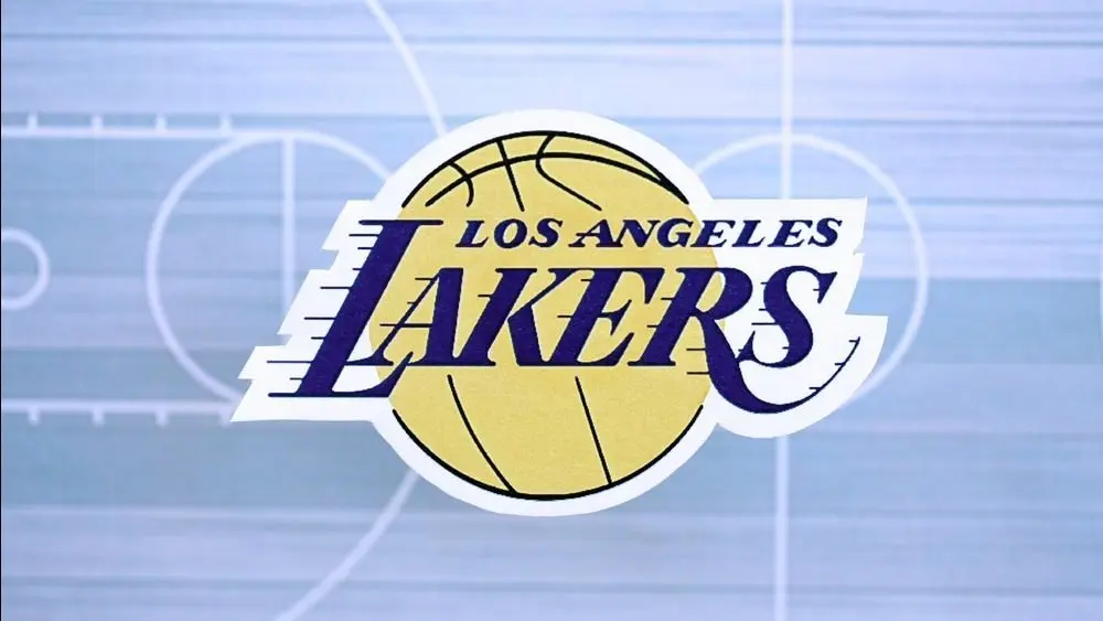Los Angeles Lakers basketball team badge lies on basketball stadium map background banner