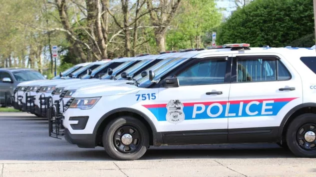 Columbus Ohio May 1^ 2022 A succession of police cars lined up in front of precinct.