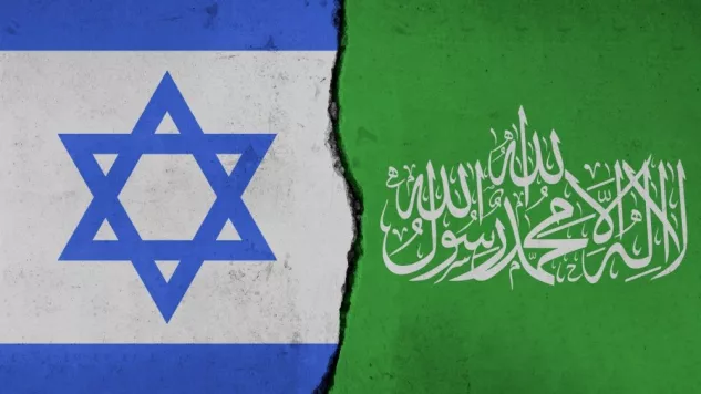 Hamas and Israeli flags on a divided wall: Symbolizing the Israel-Hamas Conflict