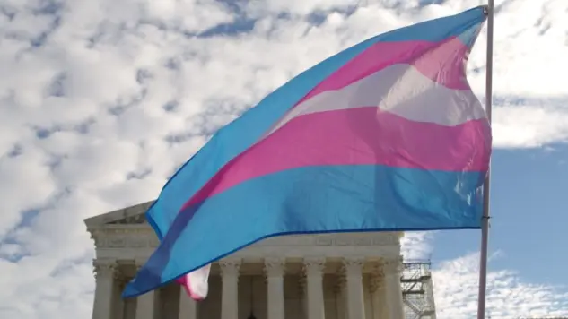 A transgender pride flag flies in front of the U.S. Supreme Court building in Washington^ DC.