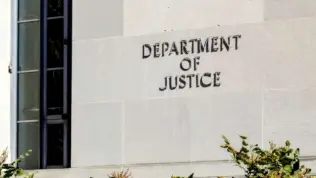 Sign of United States Department of Justice(DOJ) on their headquarters building in Washington^ D.C. USA. Washington D.C.^ USA - March 1^ 2020: