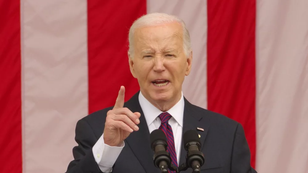 President Joe Biden delivers his annual Memorial Day address at Arlington National Cemetery. ARLINGTON^ VA^ USA - May 27^ 2024.