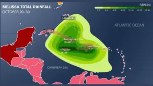 Hurricane Melissa Rainfall Map. Caribbean Impact on Cuba^ Jamaica^ Bahamas^ Puerto Rico. Forecast Storm Rainfall map.