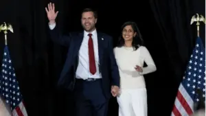 JD Vance arrives with his wife Usha Vance at the Vice Presidential Nominee’s election rally at the Cobb Galleria Center in Atlanta^ Georgia. Atlanta^ Georgia^ USA - 4th Nov^ 2024