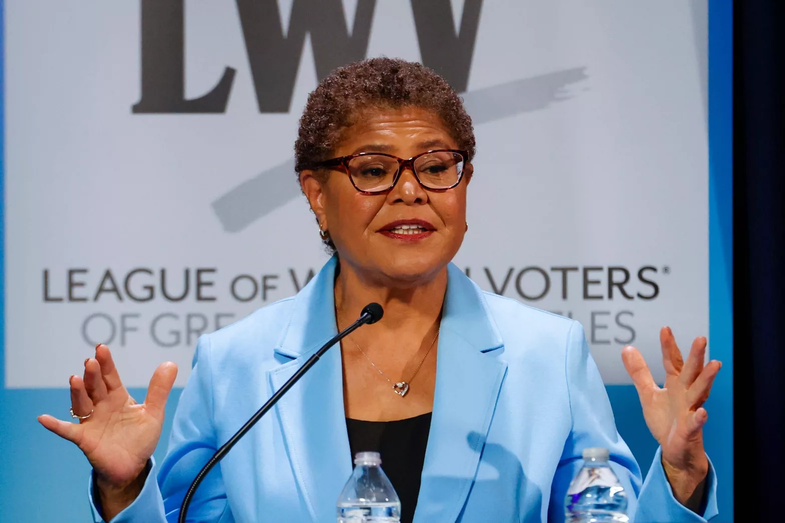 LA Mayor Karen Bass^ attends a mayoral debate on May 1^ 2022 in Los Angeles.