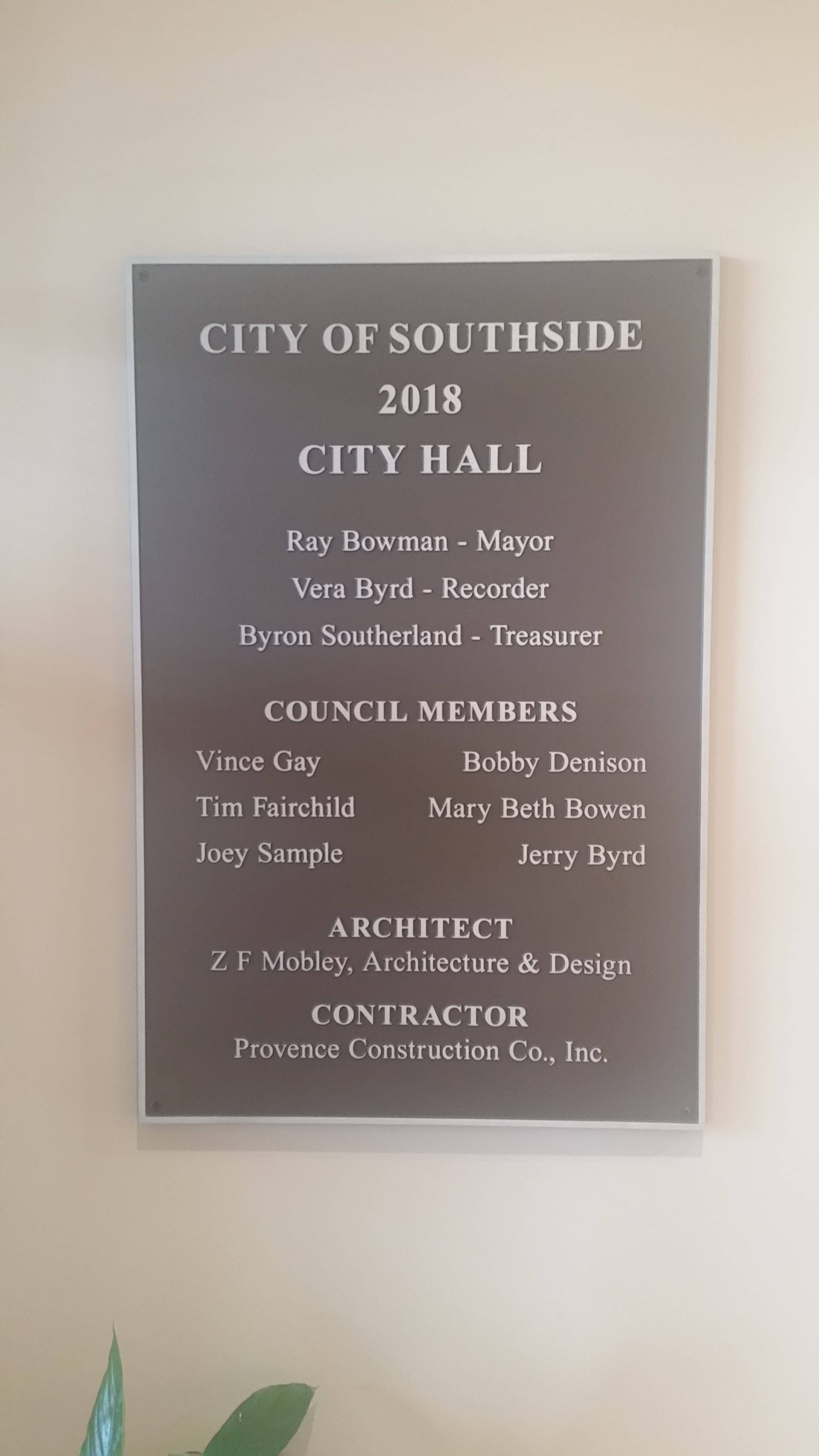 Southside City Hall plaque