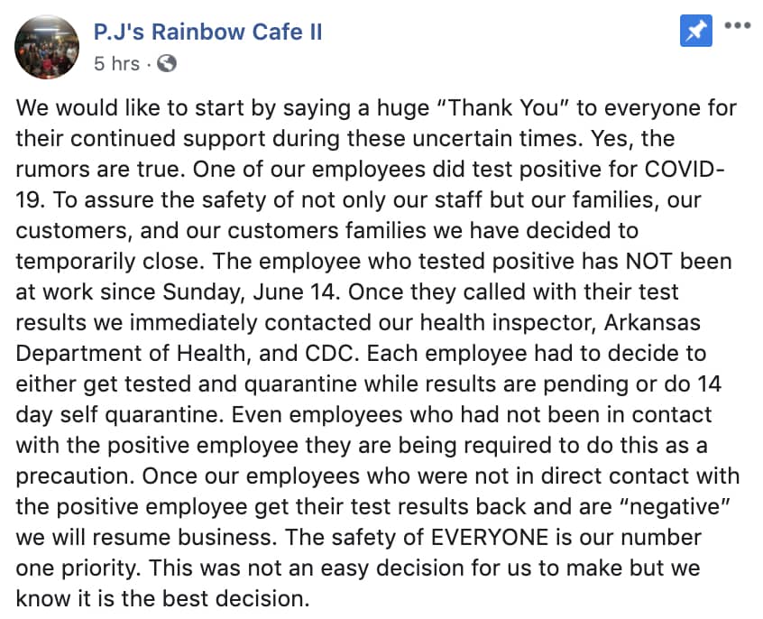 Rainbow Cafe Facebook post