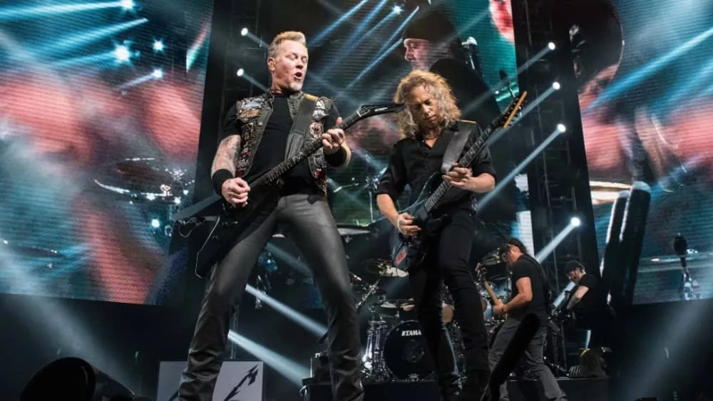 Metallica vocalist James Hetfield with guitarist Kirk Hammett performing in HONG KONG - January 20^ 2017