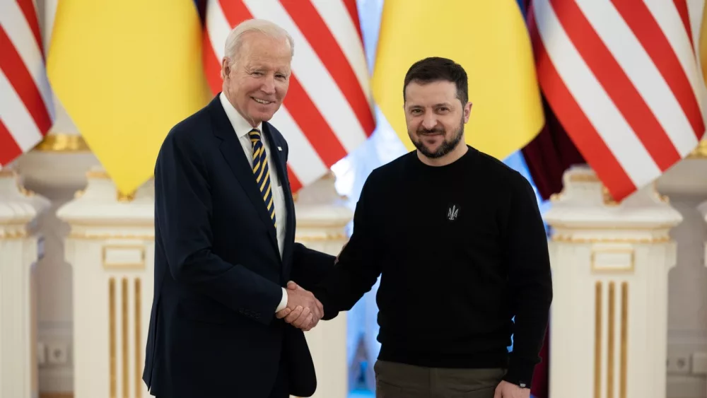 President Joe Biden and Ukraine's President Volodymyr Zelenskiy attend a joint news briefing^ amid Russia's attack on Ukraine. Kyiv^ Ukraine February 20^ 2023.