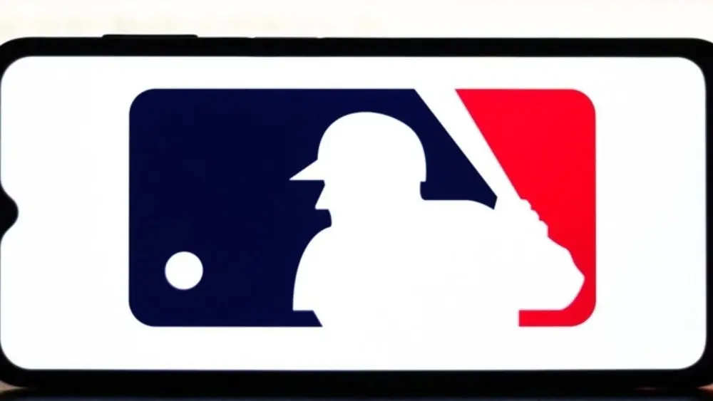 Selective focus of the MLB (Major League Baseball) logo. It is the premier professional baseball league in North America