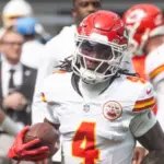 KC Chiefs wide receiver Rashee Rice #4 warms up prior to an NFL football game against the LA Chargers at SoFi Stadium^ Aug. 17^ 2024^ in Inglewood^ Calif.