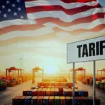 Selective focus on laptop screen displaying US high Tariffs on other countries Export and Import business and Tariff War in the world.