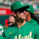 Oakland Athletics first baseman Tyler Soderstrom looks at the crowd after the A's won the final game at the Oakland Coliseum. Oakland^ California - September 26^ 2024