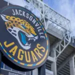 Jacksonville Jaguars NFL logo near football stadium Jacksonville^ Florida - January 28^ 2022
