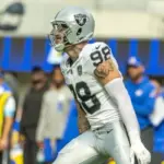 Las Vegas Raiders defense end Maxx Crosby #98 celebrates after an interception against the Los Angeles Rams in an NFL football game at SoFi Stadium^ Oct. 20^ 2024^ in Inglewood^ Calif.