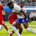 United States’ Patrick Agyemang #16 and Canada’s Moïse Bombito #15 vie for the ball during the CONCACAF Nations League Third Place Match at Sofi Stadium^ March 23^ 2025 in Inglewood^ Calif.