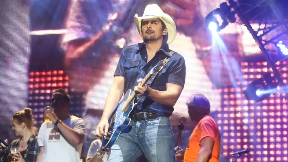 ountry musician Brad Paisley performs onstage at the 2015 FarmBorough Festival - Day 2 at Randall's Island on June 27^ 2015 in New York City.