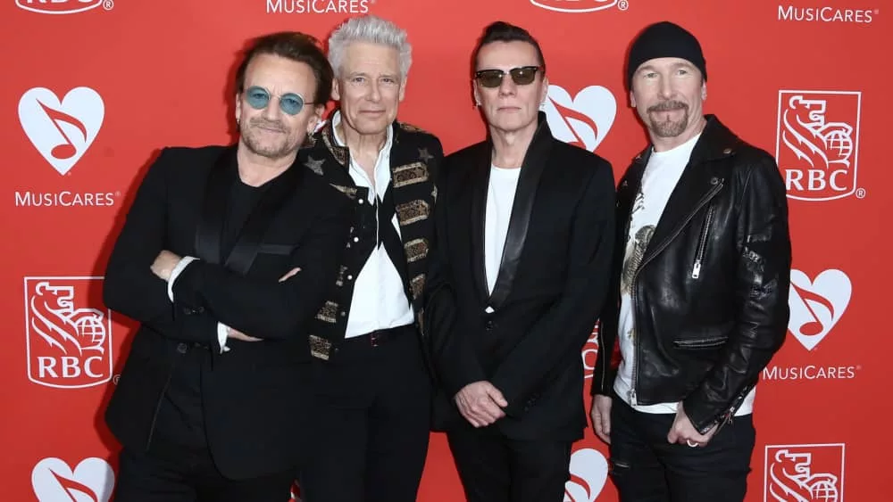 Bono^ Adam Clayton^ Larry Mullen Jr and The Edge of U2 attend the 13th Annual MusiCares MAP Fund Benefit Concert at PlayStation Theater on June 26^ 2017 in New York City.