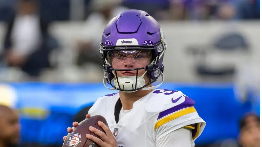 Minnesota Vikings quarterback J.J. McCarthy #9 warms up prior to an NFL football game against the Los Angeles Chargers Oct. 23^ 2025^ in Inglewood^ Calif.