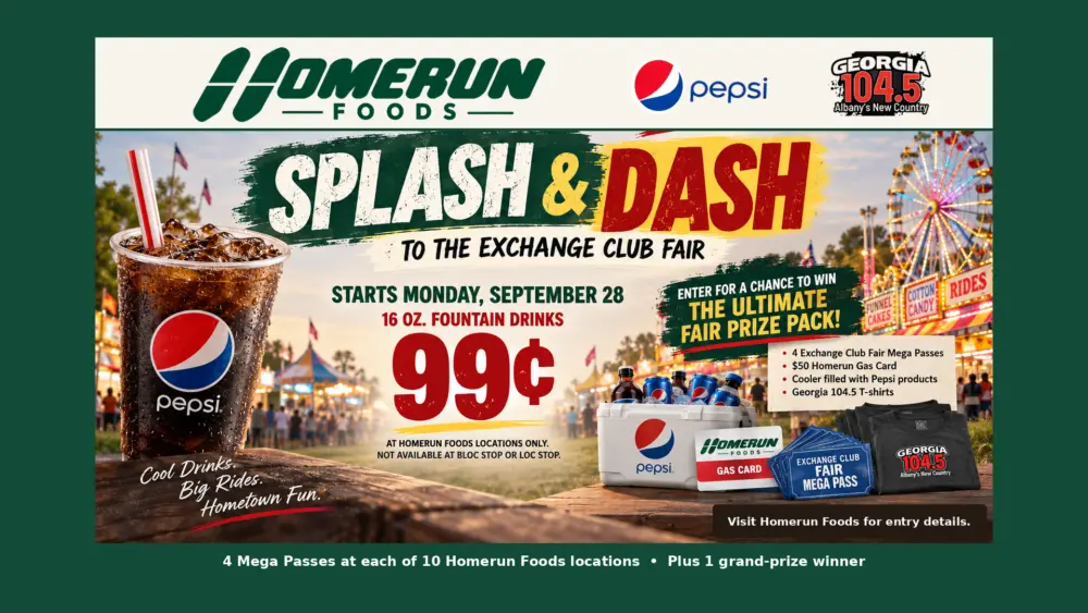 Splash and Dash to the Exchange Club Fair promotion from Georgia 104.5, Homerun Foods and Pepsi