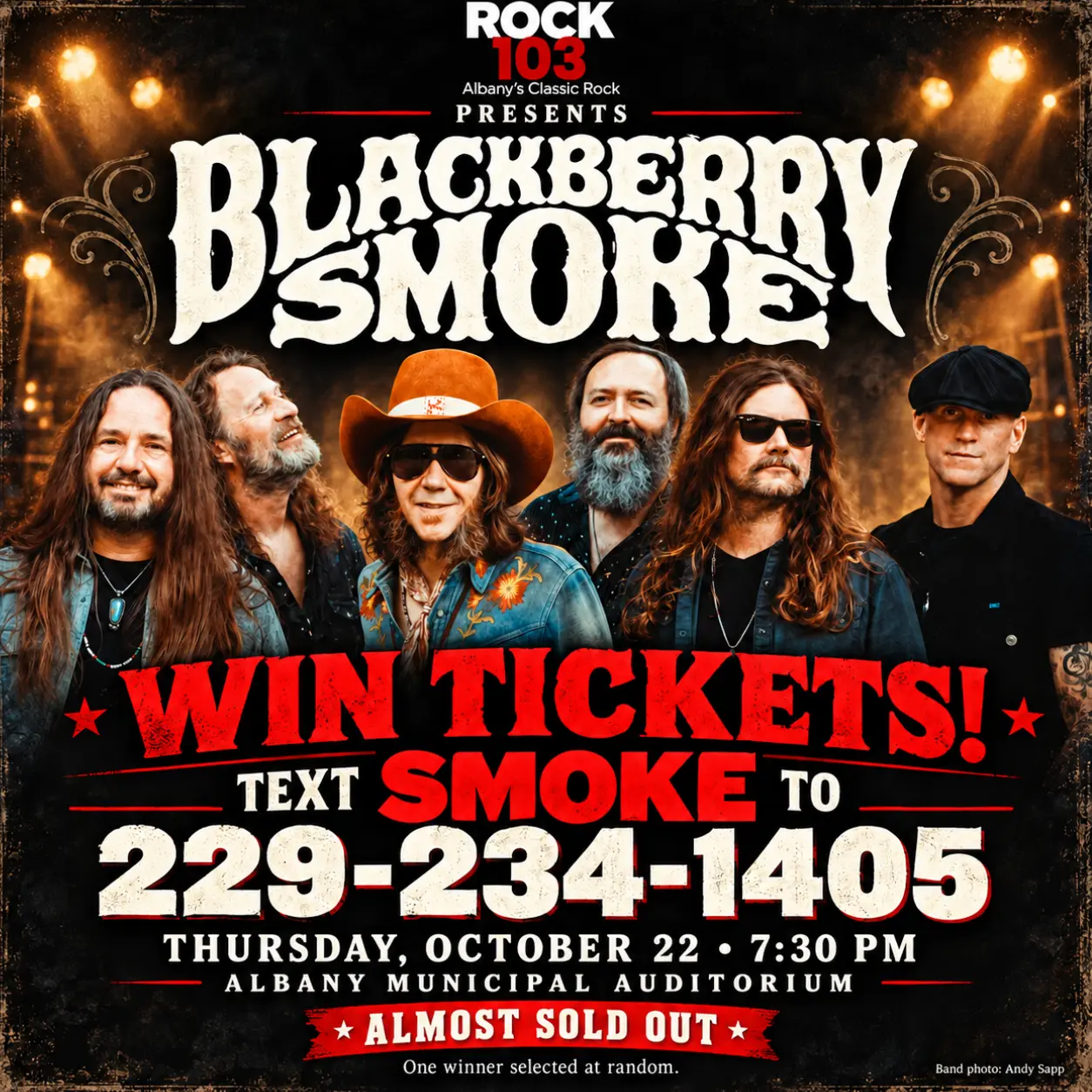 Rock 103 Blackberry Smoke ticket giveaway. Text SMOKE to 229-234-1405. Concert October 22 at 7:30 p.m. at Albany Municipal Auditorium.