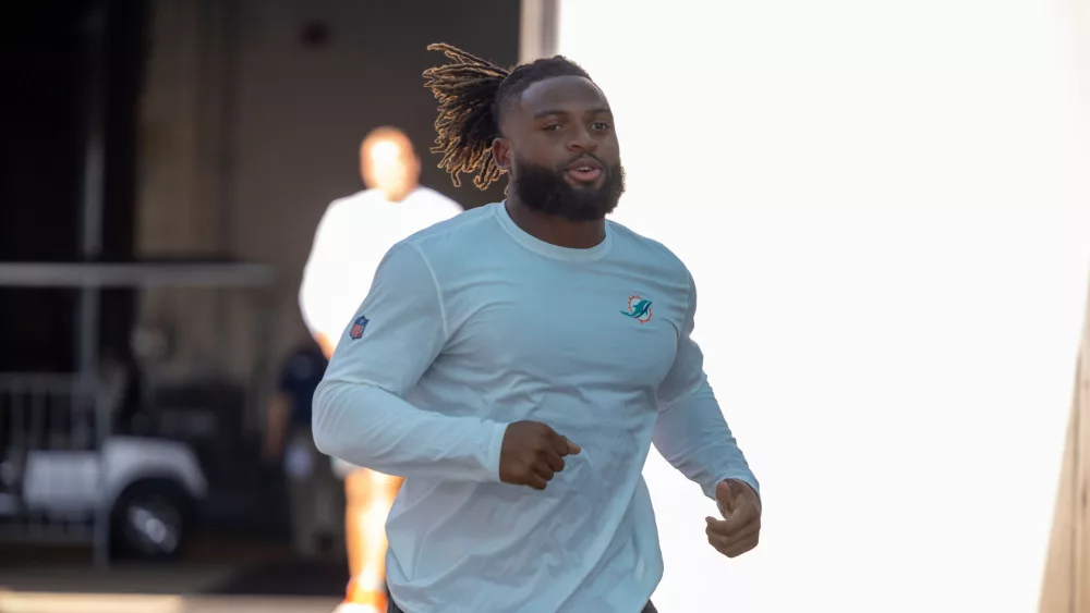 MIAMI DOLPHINS OL AUSTIN JACKSON plays against JACKSONVILLE JAGUARS' WEEK 3 AUGUST 26^ 2023 EVERBANK STADIUM JACKSONVILLE FLORIDA