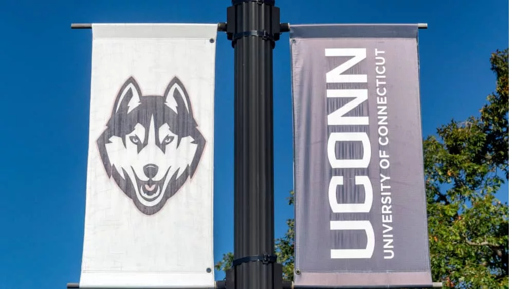 Campus banner on the campus of the University Connecticut. STORRS^ CT/USA - SEPTEMBER 27^ 2019