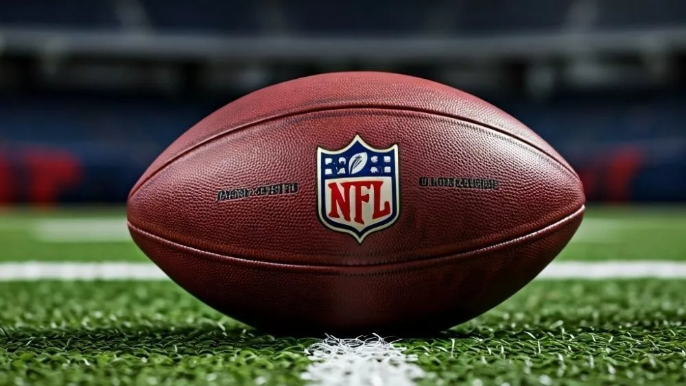 Outdoor photo of NFL football in the middle of the field