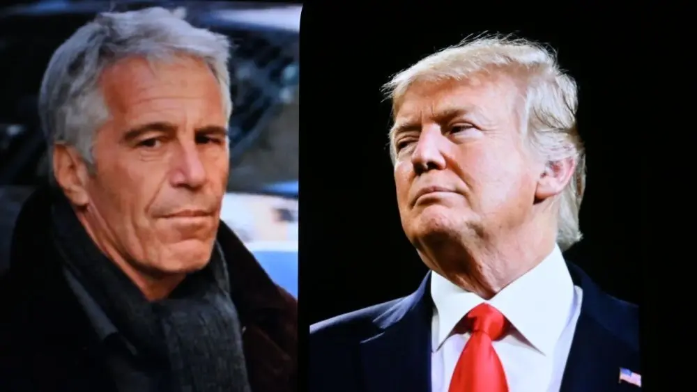 Conceptual editorial image showing U.S. President Donald Trump and Jeffrey Epstein on the screen. For editorial use only. New York U.S 27.07.2025