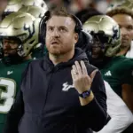 NCAA Football: Florida Atlantic at South Florida: Oct 18, 2025; Tampa, Florida, USA;  South Florida Bulls head coach Alex Golesh reacts to a replay during the second quarter against the Florida Atlantic Owls at Raymond James Stadium. Mandatory Credit: Reinhold Matay-Imagn Images