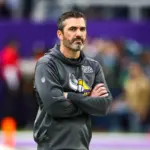 NFL: Philadelphia Eagles at Minnesota Vikings: Oct 13, 2019; Minneapolis, MN, USA; Minnesota Vikings offensive coordinator Kevin Stefanski looks on before the start of a game against the Philadelphia Eagles at U.S. Bank Stadium. Mandatory Credit: David Berding-USA TODAY Sports