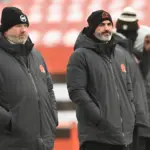 NFL: New Orleans Saints at Cleveland Browns: Dec 24, 2022; Cleveland, Ohio, USA; Cleveland Browns head coach Kevin Stefanski, right, and offensive coordinator Alex Van Pelt watch warm ups before the game between the Browns and the New Orleans Saints at FirstEnergy Stadium. Mandatory Credit: Ken Blaze-USA TODAY Sports