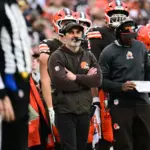 NFL: Pittsburgh Steelers at Cleveland Browns: Dec 28, 2025; Cleveland, Ohio, USA; Cleveland Browns head coach Kevin Stefanski looks on in the fourth quarter against the Pittsburgh Steelers at Huntington Bank Field. Mandatory Credit: Ken Blaze-Imagn Images
