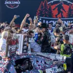 NASCAR: Jack Link: Apr 26, 2026; Talladega, Alabama, USA; NASCAR Cup Series driver Carson Hocevar (77) celebrates winning the Jack Links 500 NASCAR Cup Series race in Victory Lane at Talladega Superspeedway. Mandatory Credit: Vasha Hunt-Imagn Images