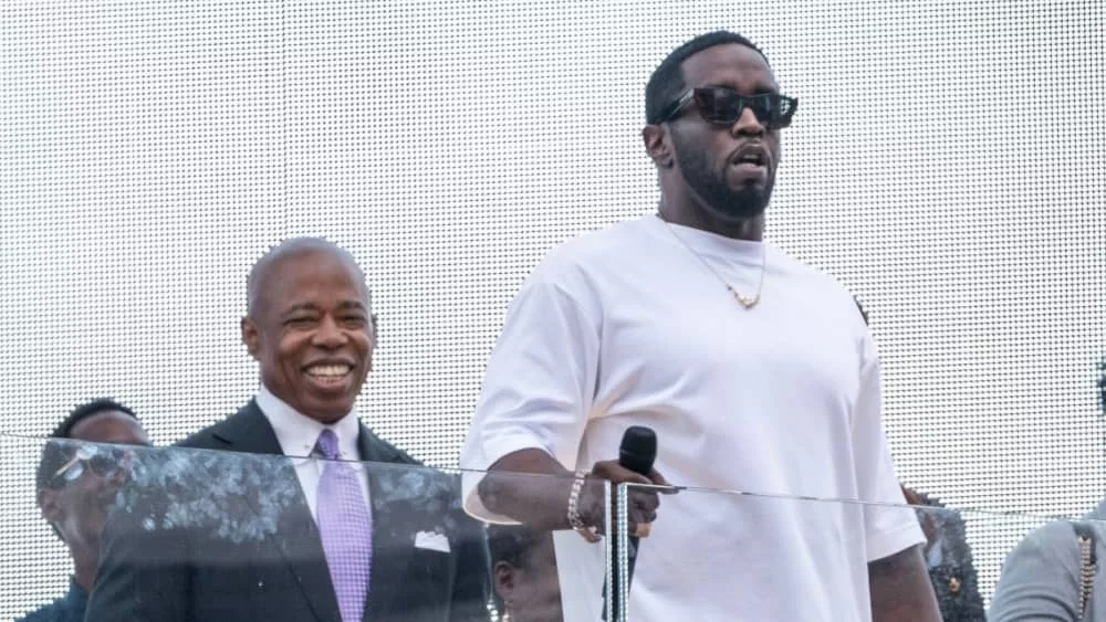 Sean "Diddy" Combs speaks and performs to the crowd after being presented with the key to the city by Mayor Eric Adams on Times Square in New York on September 15^ 2023