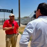 KCBD Newschannel 11's Pete Christy interviews new Lockney Athletic Director Jonathan Thiebaud on Tuesday, May 3, 2022 at Longhorn Field. (Ryan Crowe/FCR)