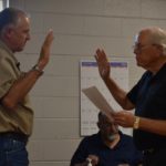 Aaron Wilson is sworn in as Mayor of Lockney by City Attorney Lanny Voss on May 17, 2022 at the Lockney Community Center. (Ryan Crowe/FCR)