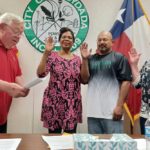 Floydada Mayor Bobby Gilliland swears in Bettye King, Gabe De La Fuente and Gail DuBois to their new terms as members of the Floydada City Council on May 17, 2022. (Ryan Crowe/FCR)