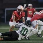 fb-khs-gv-christ106-25-10-24: Kuemper Catholic wins 35-0 over Grand View Christian in a Class 2A first-round playoff game held Friday, Oct. 24, 2025, at Carroll Athletic Field.