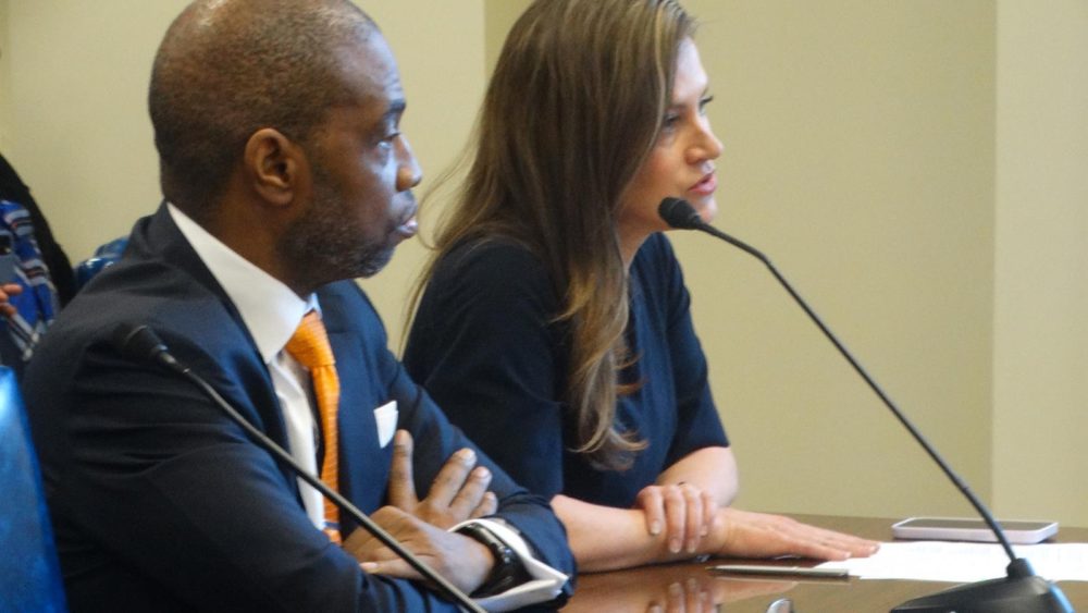Former Colorado House Speaker Terrance Carroll, left, and elections expert Amber McReynolds testify to a House committee about the experience of Colorado and other states with ranked choice voting, a system in which voters rank candidates in order of preference rather than choosing just one. (Capitol News Illinois photo by Peter Hancock)