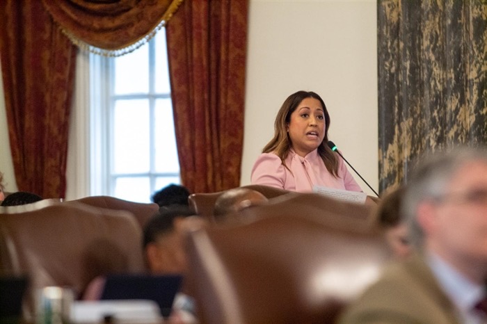 Sen. Celina Villanueva, D-Chicago, speaks in favor of her bill to prohibit limited services pregnancy centers from engaging in deception when it comes to sharing information about abortions. It passed after heated debate. (Capitol News Illinois photo by Jerry Nowicki)
