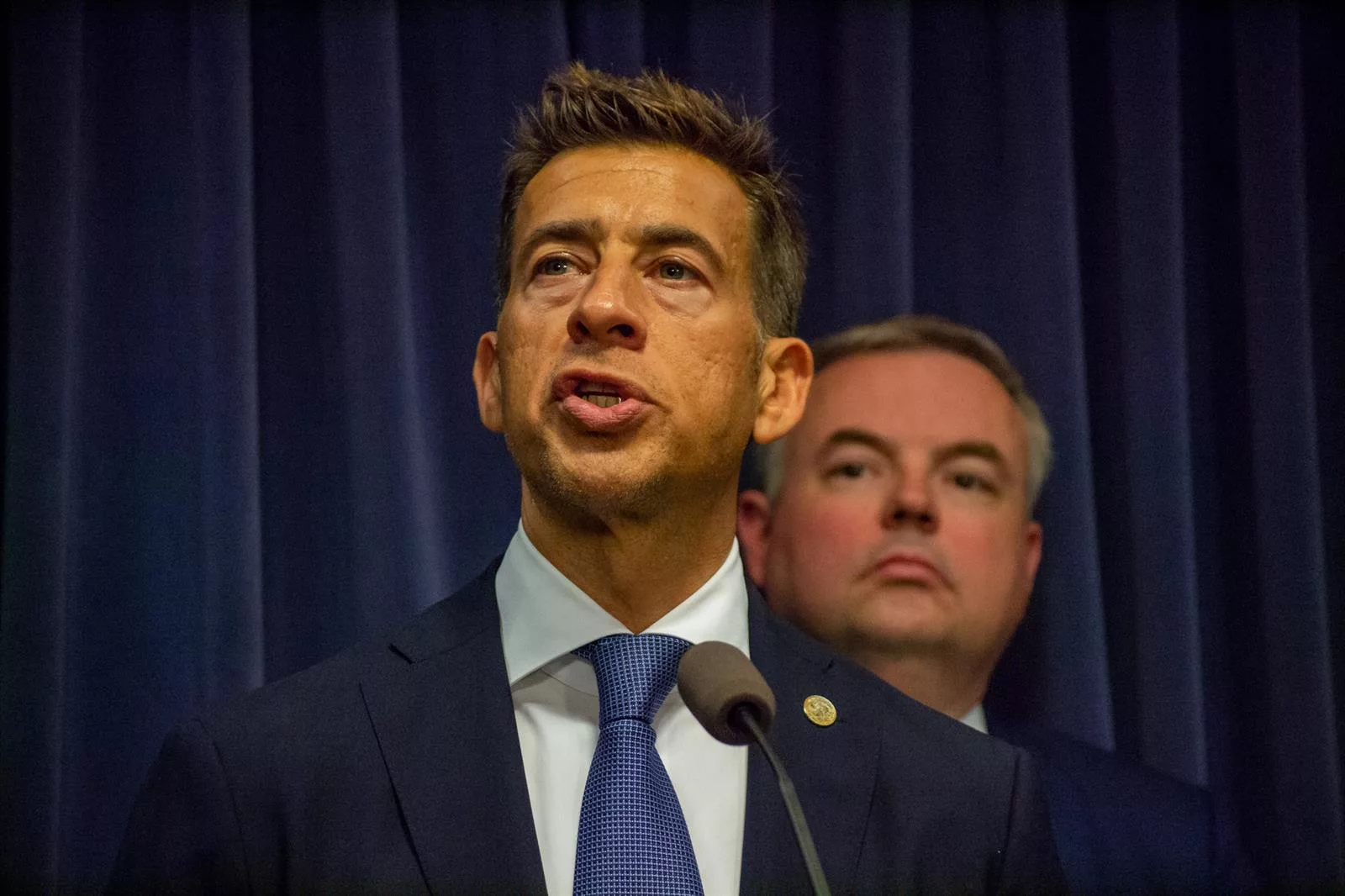 Secretary of State Alexi Giannoulias, pictured at a Capitol news conference, backed a measure to allow holders of a Temporary Visitor Driver's License to be eligible for a standard license regardless of their immigration status. (Capitol News Illinois photo by Jerry Nowicki)