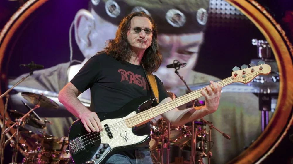 Geddy Lee of the rock band Rush hits the stage for part of their Time Machine Tour at the Gibson Amphitheater in Universal City^ CA on June 22^ 2011.