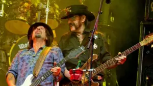 Motorhead Philip Anthony Campbell and Lemmy Ian Kilmister performing on the Pyramid stage Glastonbury Festival^ Pilton^ Somerset June 26^ 2015 in Somerset^ UK