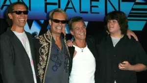 Alex Van Halen and David Lee Roth with Eddie Van Halen and Wolfgang Van Halen at the Van Halen Reunion Tour Press Conference. Four Seasons Hotel^ Los Angeles^ CA. 08-13-07