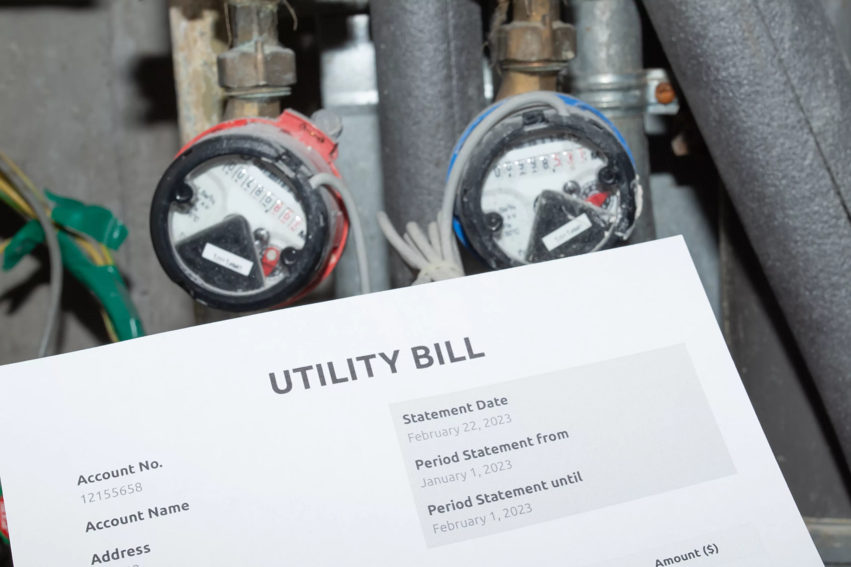 water bill, utility receipt and water meters, Price details on utility bill