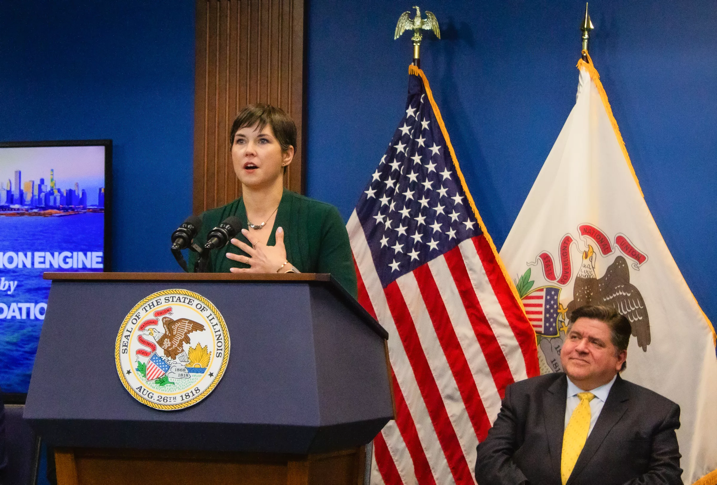 Alaina Harkness, the executive director of the water tech nonprofit Current, appears at a Chicago news conference on Tuesday with Gov. JB Pritzker. Current will receive about $15 million over two years from the National Science Foundation, with up to $160 million over 10 years. (Capitol News Illinois photo by Dilpreet Raju)