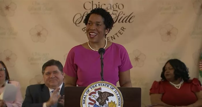 Lt. Gov. Juliana Stratton speaks at an event announcing the planned opening of a birth center on the South Side of Chicago Monday. (Credit: Illinois.gov)