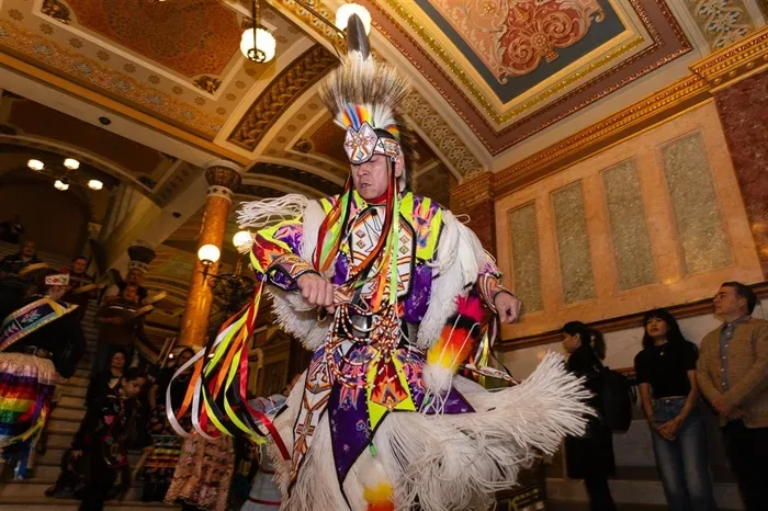 Ronnie Preston dances in the Illinois Capitol in February as part of the Native American Summit organized by the Chicago American Indian Community Collaborative. (Capitol News Illinois photo by Andrew Adams)